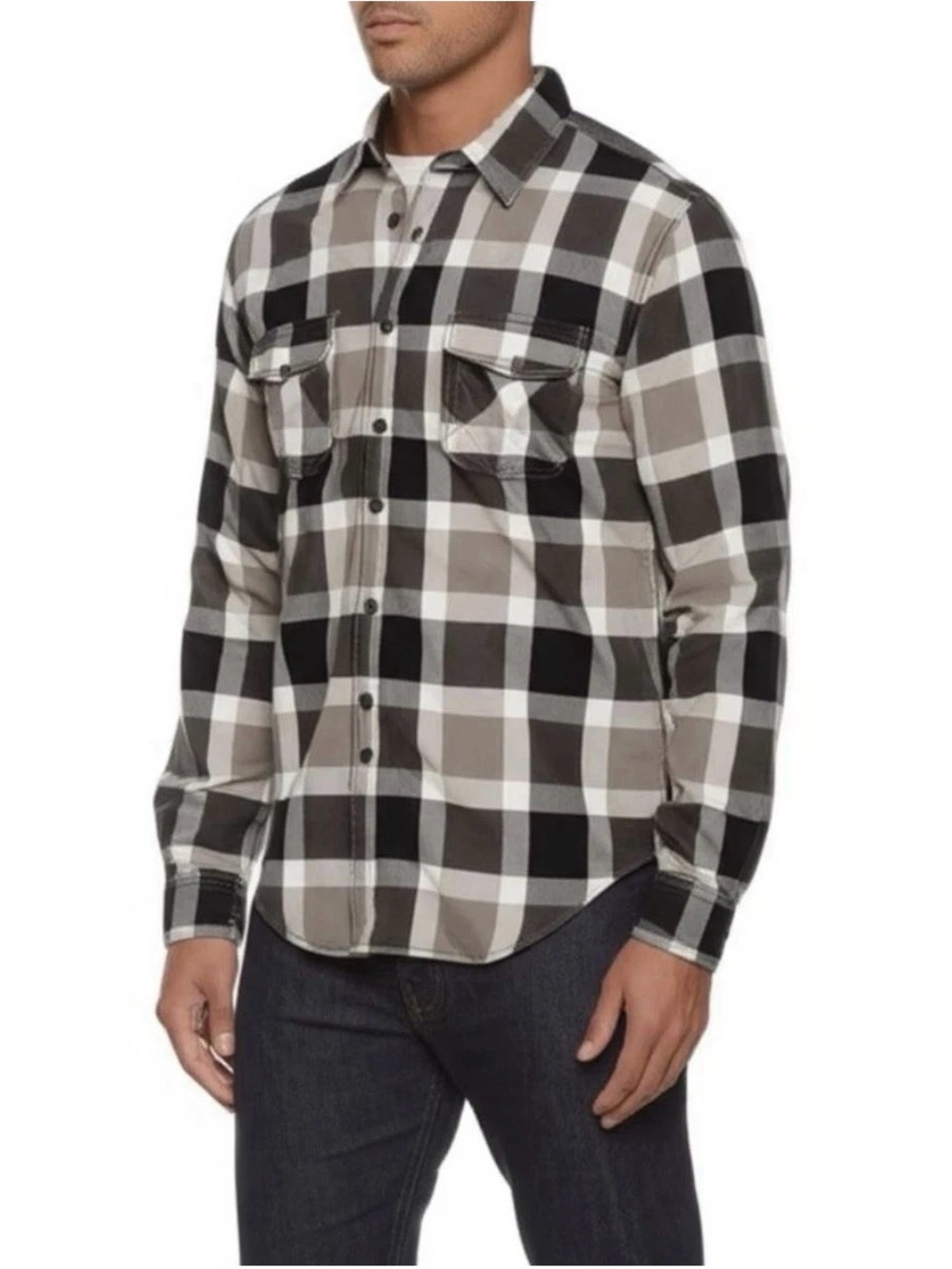 Sonoma Jean Co Mens Large Black Grey White Plaid Flannel Button Up Shirt Casual